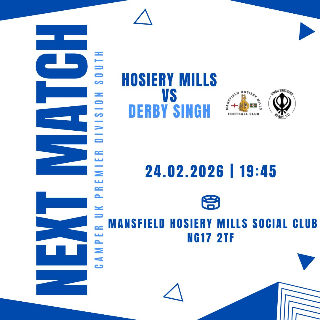 It’s another game under the lights for Mills this week as we take on Derby Singh Brothers💫

⏰19:45
🏟️Mansfield Hosiery Mills Social Club
📍NG17 2TF

Up the Mills💙🤍

#UpTheMills #MHMFC