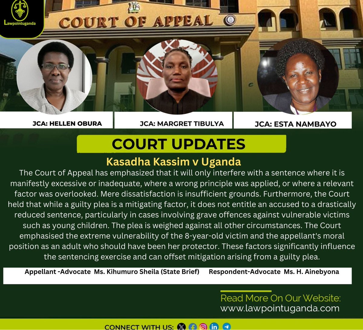 ''While a guilty plea is a mitigating factor, it does not entitle an accused to a drastically reduced sentence, particularly in cases involving grave offences against minors.'' Court of Appeal Rules.

Read more
lawpointuganda.com/post/while-a-g…