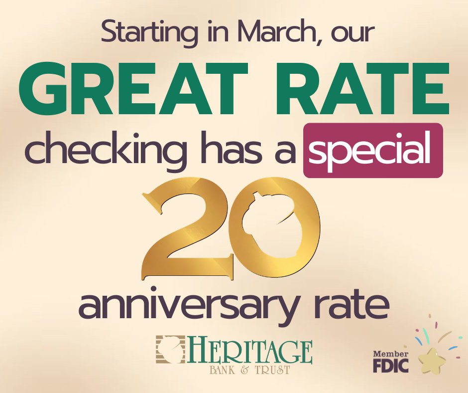 Our GREAT RATE checking just got greater!

Come visit any of our locations to learn more and enjoy a special 20-year anniversary rate starting March 1!

#Cheersto20years #weloveourcommunity #GreatRatejustgotgreater