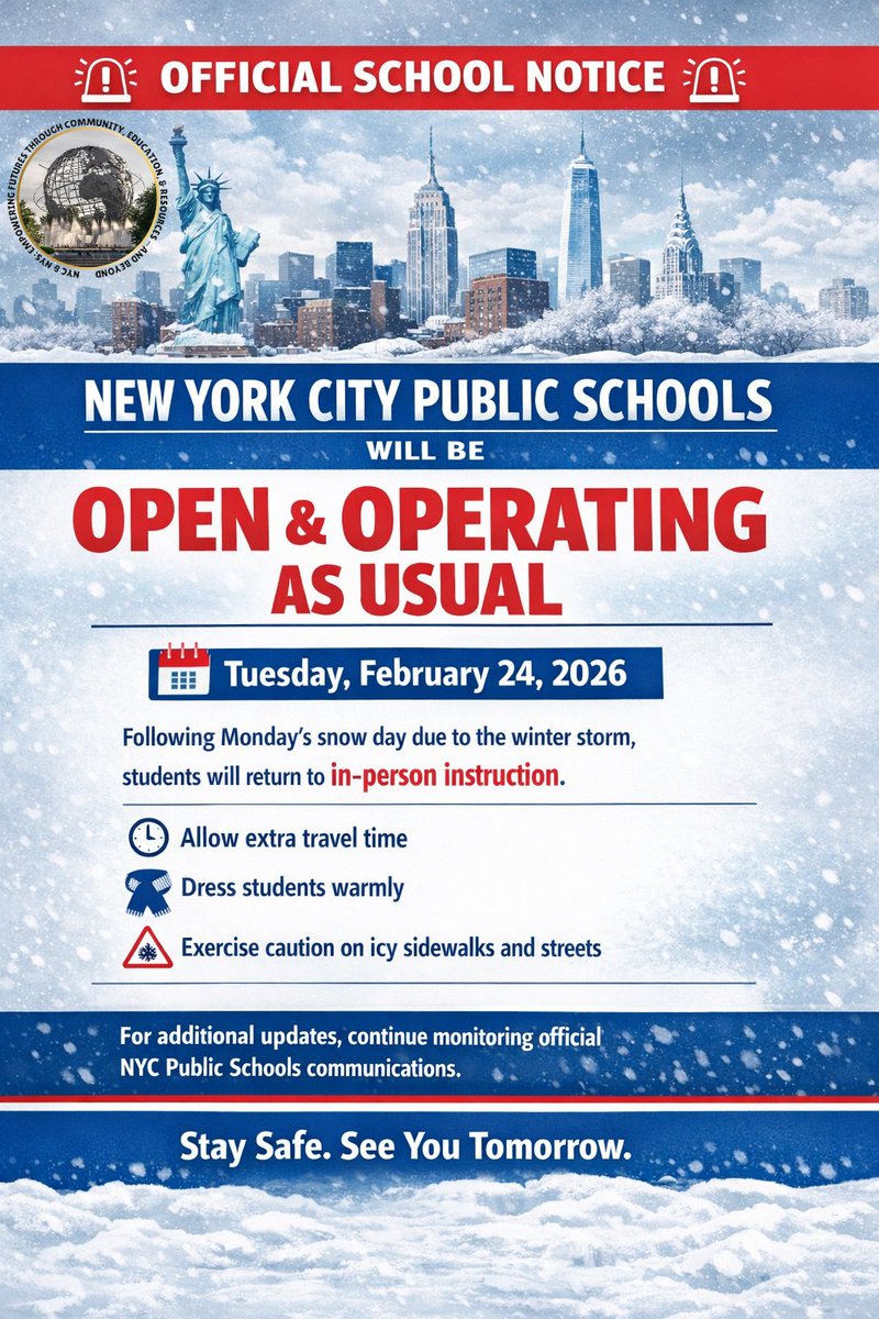 ConnieAlt1's tweet photo. NYC Mayor Zohran Mamdani announced that all NYCPS will be open and operating as usual on Tuesday, February 24, 2026, following the snow day on Monday. This decision means students will return to in-person learning after the city’s traditional snow day due to the winter storm. https://t.co/5ocOic0GKj