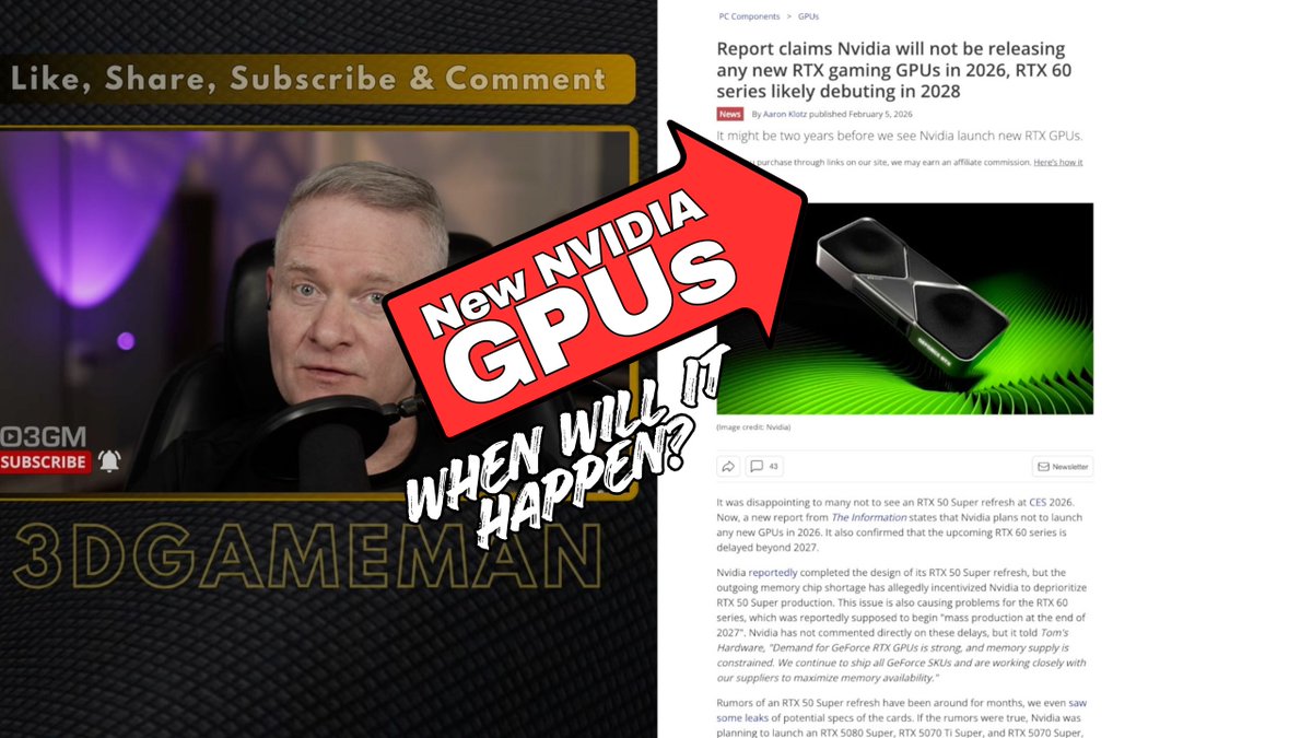 3dGameMan's tweet photo. New NVIDIA RTX GPUs, When? https://t.co/vKglpuqk3v
#NVIDIA #RTX50Super #RTX60Series #GPULeaks #PCGaming #TechNews2026 #GDDR7 #Blackwell #RubinArchitecture #VRAM #MemoryShortage #GamingHardware #RTX5080 #AIInvasion #PCBuilding https://t.co/QjZRmURe4v