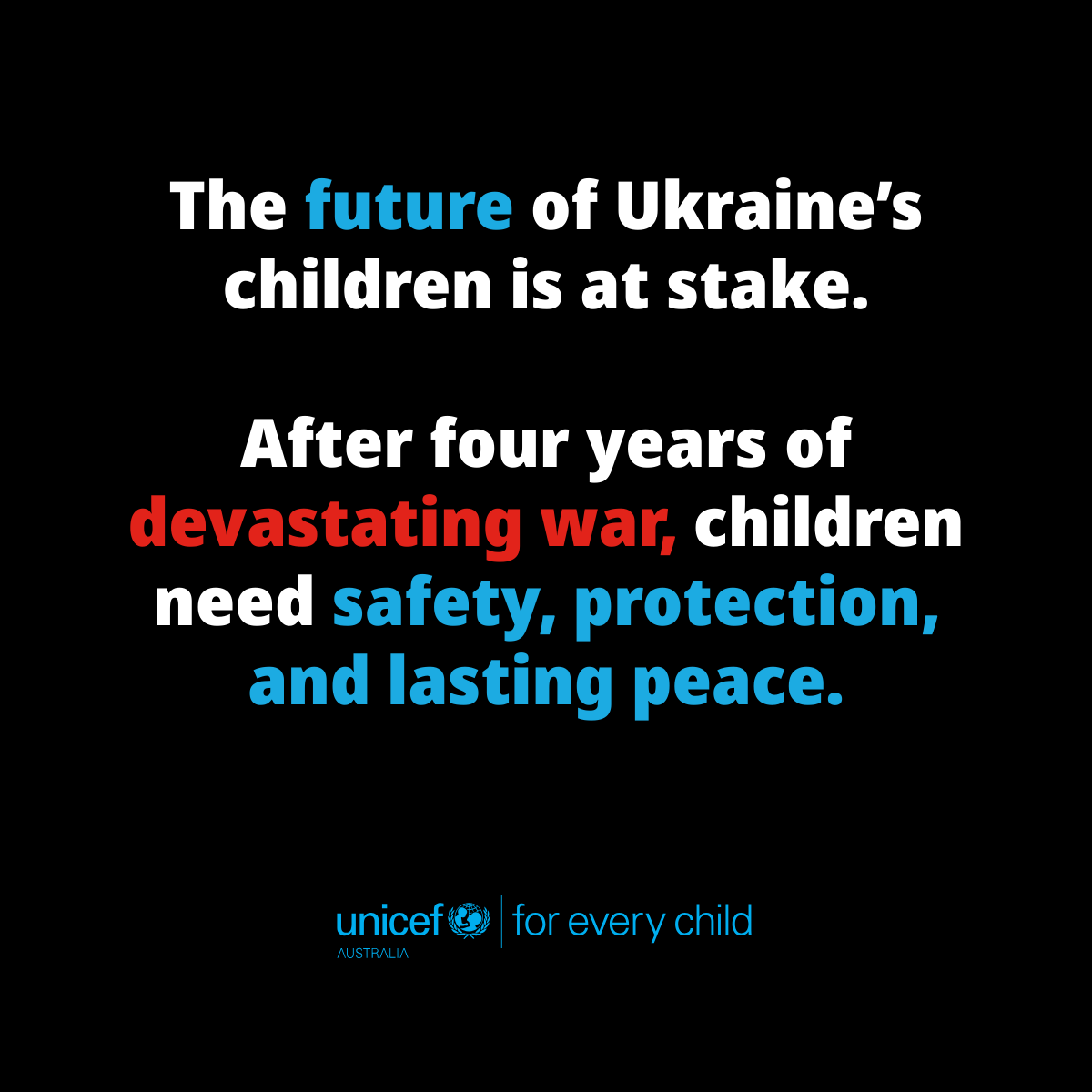unicefaustralia's tweet photo. Four years ago, children in Ukraine went from playing with friends at school to hiding in shelters. Since February 2022, more than 3,200 children have been killed or injured. Children in Ukraine deserve to grow up without the shadow of war. Above all, they deserve peace. https://t.co/GPnrGg2ktX