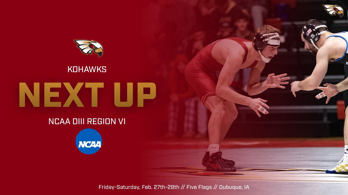 KohawkWrestling's tweet photo. 𝐍𝐄𝐗𝐓 𝐔𝐏

🤼‍♂️ NCAA DIII Region VI
🗓️ Friday- Saturday, February 27-28
🏟️ Five Flags
📍 Dubuque, IA https://t.co/w46ovTg1cp