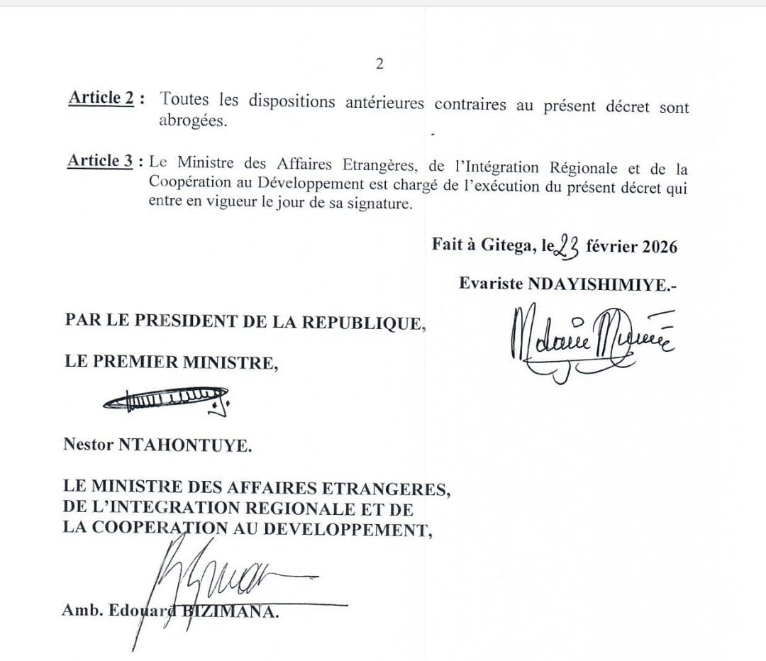 ⭕ Après son approbation par le <a href="/Burundi_senat/">Inama Nkenguzamateka</a>, Spès Caritas #Njebarikanuye a été nommée par le Chef de l'Etat, <a href="/GeneralNeva/">SE Evariste Ndayishimiye</a>, ce 23/02/2026, Ambassadeur Extraordinaire et Plénipotentiaire de la République du #Burundi.

📍Native de <a href="/Gitega/">Province Gitega</a>, elle était sénatrice de 2020 à 2025.
