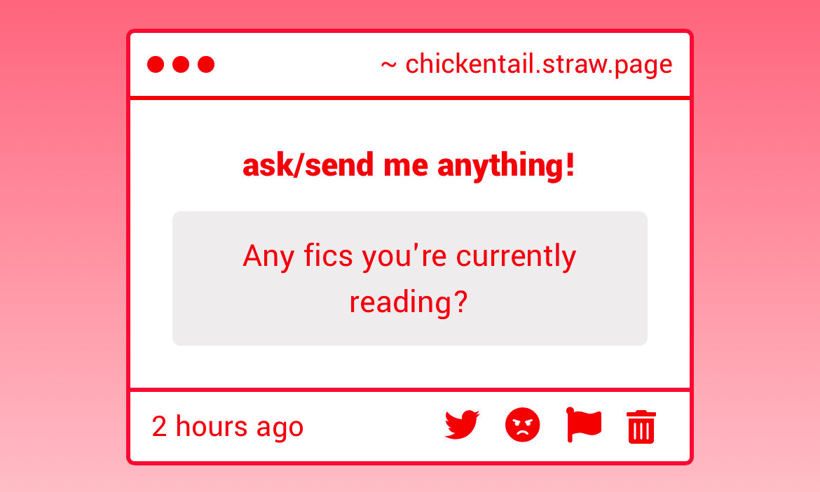 I haven’t had time to read lately since work and writing take up most of my time, but aside from the fics I mentioned in my other post, I’m slowly reading through these!:

archiveofourown.org/works/71243331…

archiveofourown.org/works/68255196…

archiveofourown.org/works/59190460…