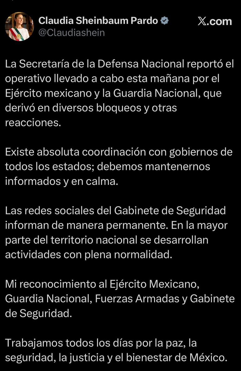 La presidenta de #México, #ClaudiaSheinbaum, afirmó que la mayoría del país se encuentra en completa normalidad tras los operativos que derivaron en la muerte de Nemesio Rubén Oseguera Cervantes, conocido como “#ElMencho”.