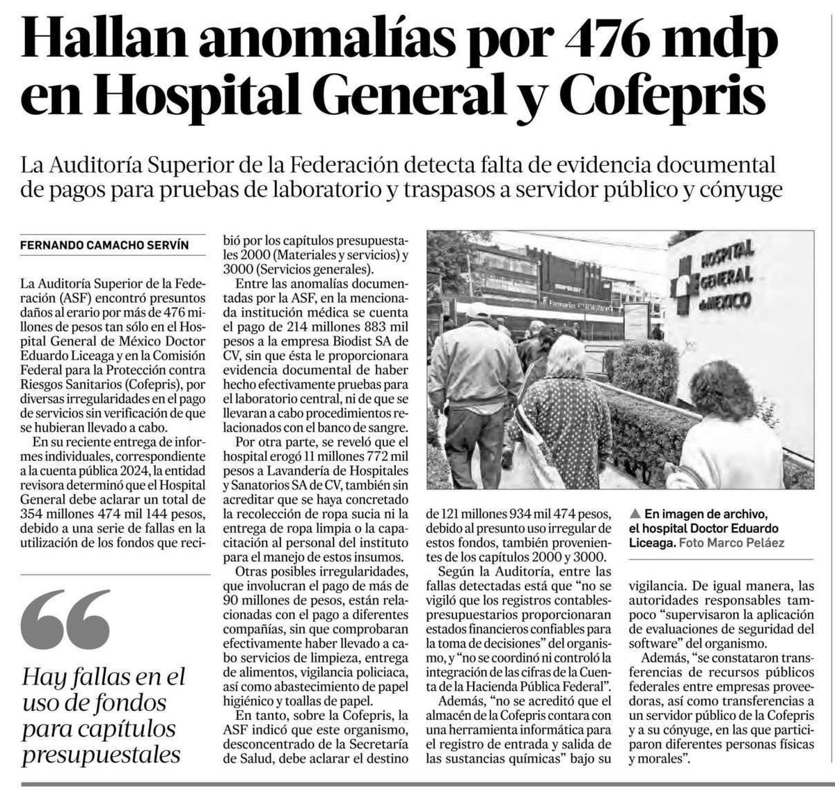 476 millones de pesos bajo sospecha en salud.

La Auditoría Superior de la Federación detectó presuntas irregularidades en el Hospital General de México y en COFEPRIS por más de 476 millones de pesos.

Pagos sin evidencia documental, servicios no acreditados, fallas en controles