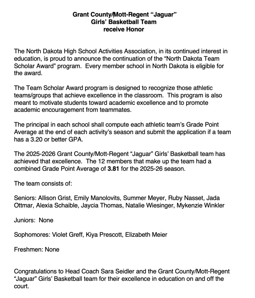 GrantCo_Coyotes's tweet photo. Congratulations to  the GCMR "JAGUAR"  girls and boys high school  basketball teams on earning the NDHSAA Team Scholar Award! https://t.co/63aJApOz9c