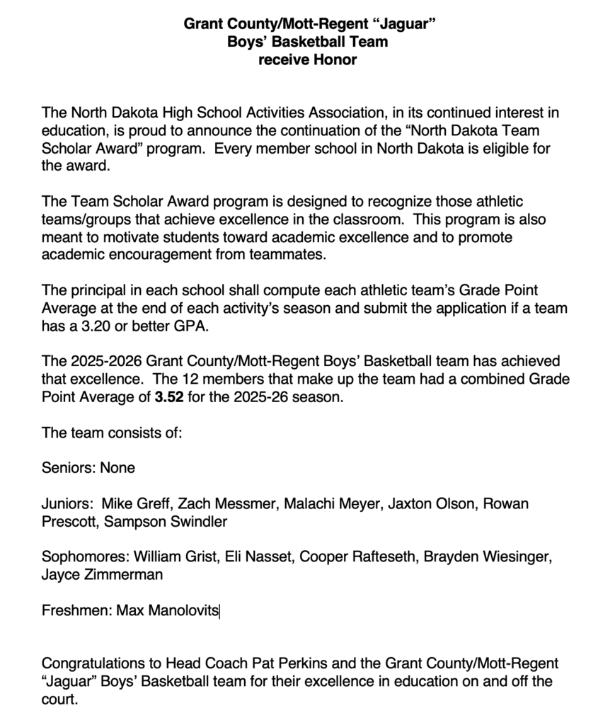 GrantCo_Coyotes's tweet photo. Congratulations to  the GCMR "JAGUAR"  girls and boys high school  basketball teams on earning the NDHSAA Team Scholar Award! https://t.co/63aJApOz9c