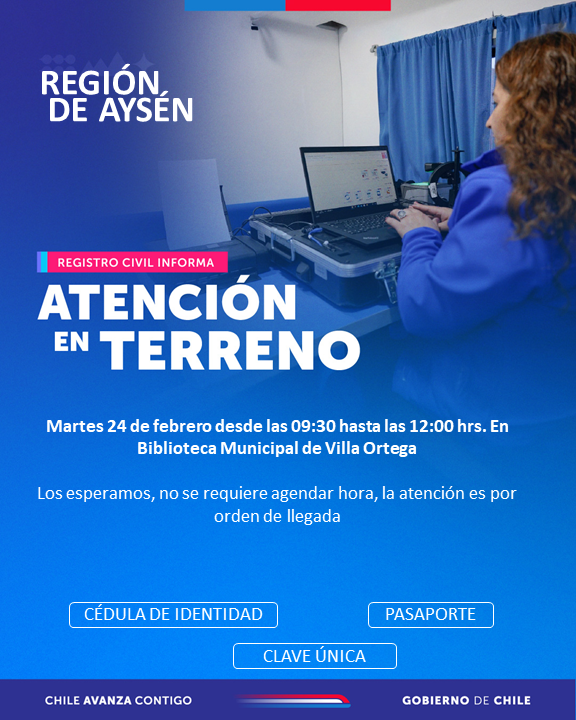 ¡Muy buenos tardes!

Les contamos que nuestro equipo de atención en terreno estará mañana desde las 09:30 a 12:00 horas, en Villa Ortega, en la Biblioteca Municipal de la localidad.

¡Te esperamos y recuerda que no se requiere agendar hora, la atención es por orden de llegada.