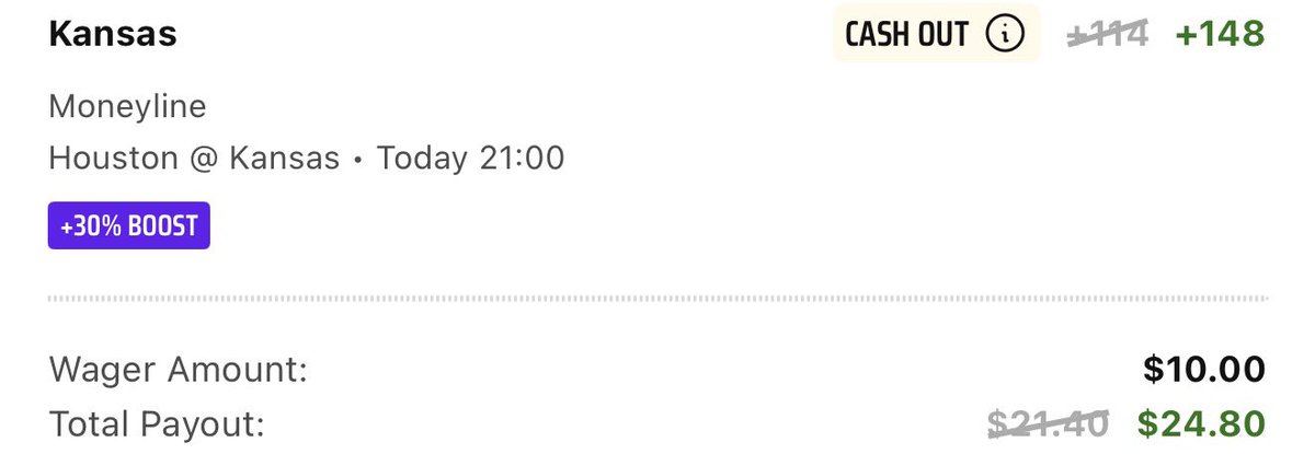 DraftKings - CBB HOU/KU 30% Boost
Kansas ML +114 ➡️ +148

EV: 11.5%
QK: 1.95u

🔗 quickpick.pikkit.com/betslip/1089e9…