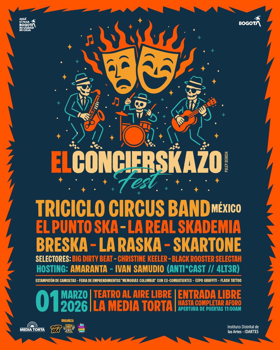 🎺La RaSka, se tomará a #Bogotá.🐔🎶

El próximo domingo 1 de marzo, el emblemático Teatro al Aire Libre La Media Torta vibrará con la energía de La RaSka, la banda boyacense que aterriza en la capital con su propuesta satírica y arrolladora.

Entrada libre.

#ElConcierskazoFest