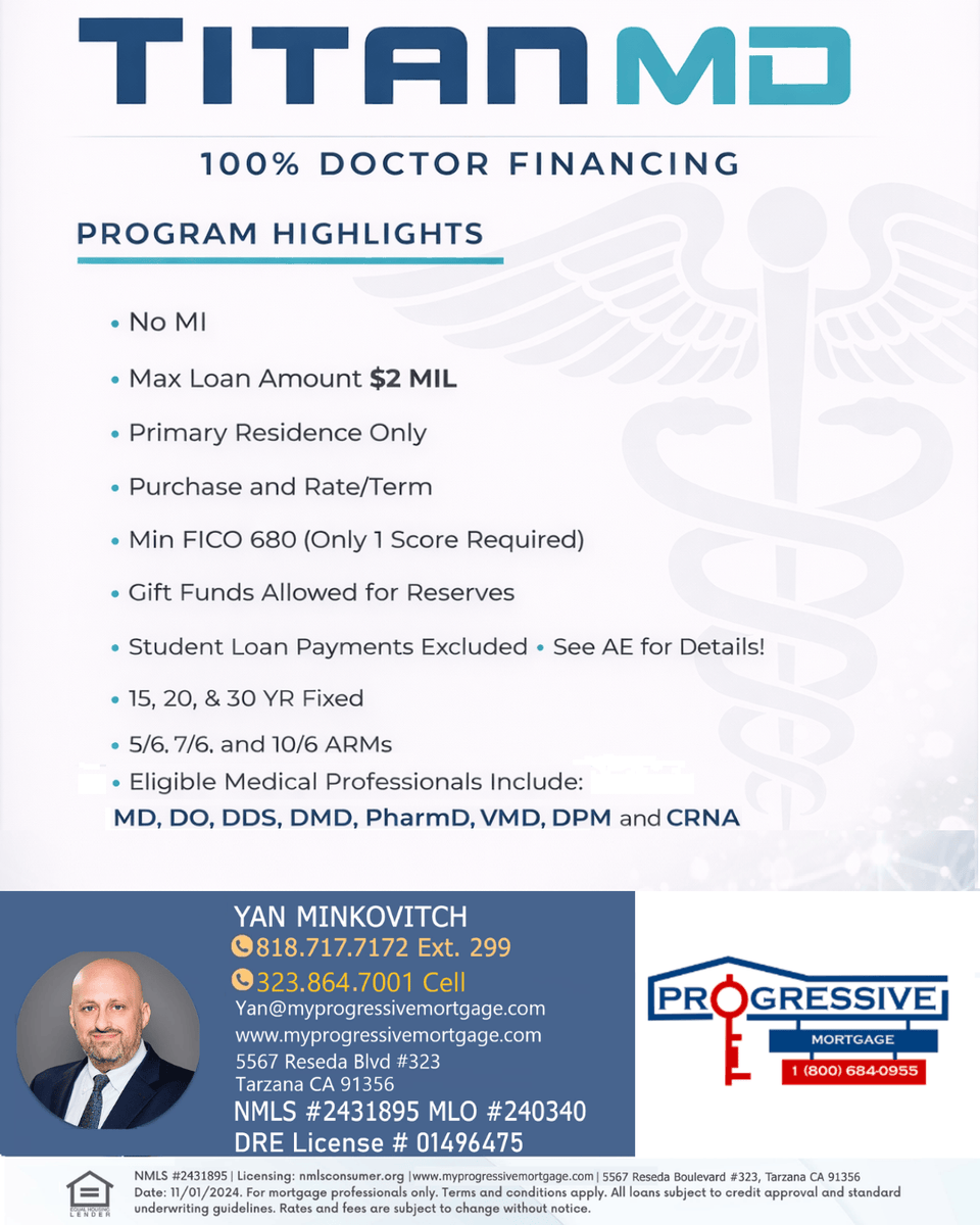100% Doctor Financing – No MI, up to $2M loan amount. 680+ FICO. Fixed &amp; ARM options. Student loans may be excluded. Eligible for MD, DO, DDS, DMD, PharmD, DPM &amp; CRNA. If you have any friends, family members or coworkers who can benefit from this program, please refer them to us.