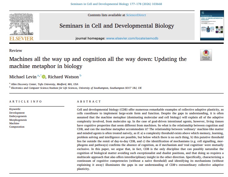 Final version of this paper with <a href="/RichardWatson90/">Richard Watson</a> is out!
sciencedirect.com/science/articl…
"Machines all the way up and cognition all the way down: Updating the machine metaphor in biology"

(quite a bit different than the original preprint at osf.io/preprints/osf/…).