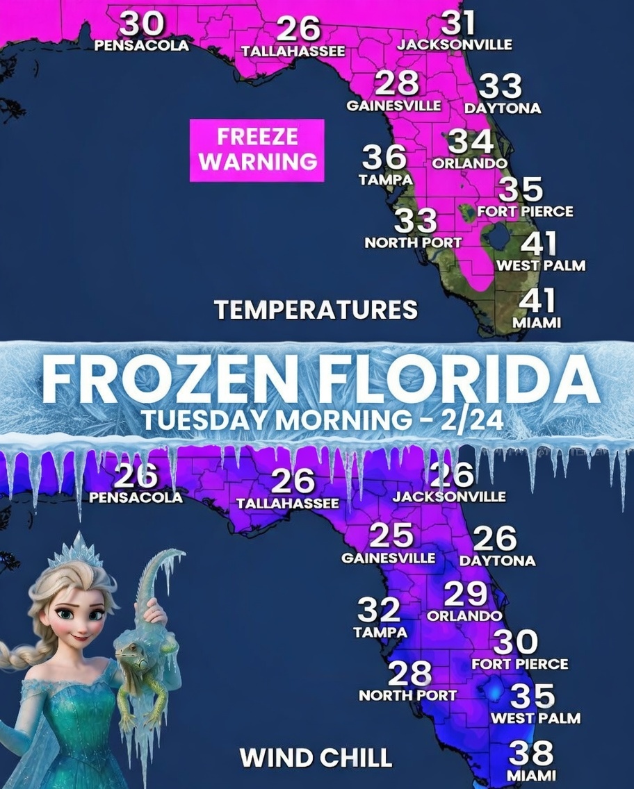 MattDevittWX's tweet photo. FREEZE WARNING in effect for most of Florida tonight into Tuesday morning, especially inland (pink). Wind chills as low as the 20s. Elsa's back y'all, bundle up! 🥶 https://t.co/zksDJ1gAJR