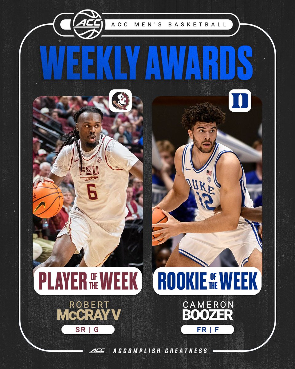 EasyVeazeyNG's tweet image. ACC Player of the Week: Robert McCray V

Wins over Clemson and Boston College, averaged 28 PPG, 6 RPG, 4 APG

22 pts in the second half of Clemson, including the final 10 points of the game for FSU

18 pts in the second half against Boston College

Bob McCray had a WEEK #Noles