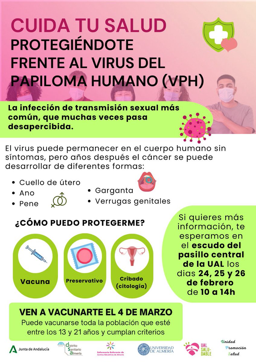 DAPAlmeria's tweet photo. La mejor forma de prevenir el #VirusdelPapilomaHumano es estar bien informad@, usar preservativo, vacunarse y realizarse  citologías. Os esperamos en la @ualmeria los días 24,25 y 26 de febrero con mesas informativas, y el 4 de marzo con un punto de vacunación SIN CITA previa. https://t.co/3HqEVTxGqD