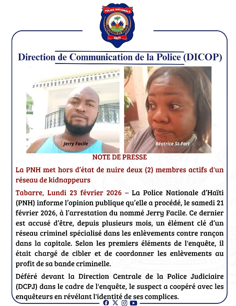info_nono's tweet photo. (#PNH) netralize de manm aktif nan yon rezo #kidnapin. #Jerry_Facile, yo te arete l samdi, te kolabore ak Direksyon Santral Lapolis Jidisyè a (#DCPJ), sa ki te pèmèt arestasyon konplis li a, #Béatrice_St_Fort, dimanch nan #Vivy_Mitchell. Lachas gang ak teworis yo ap kontinye https://t.co/V0Gj6dNh4e
