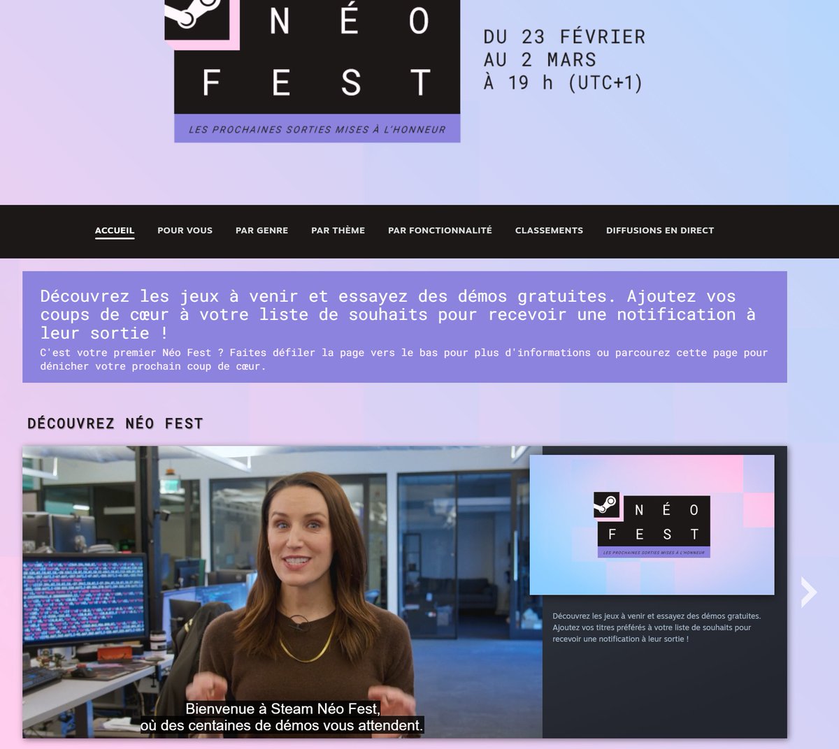 Et c'est parti pour une grande soirée de testing !
Grâce au festival #SteamNeoFest 🥰
Des centaines de perles indés à dénicher 🎮👾💎

Amis pcistes, vous avez du 23 Février au 2 Mars pour en profiter 😌
