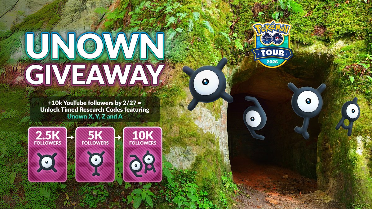 🎉 To celebrate #PokemonGOTour, we’re giving Trainers the chance to earn codes to encounter Unown X, Y, Z, and A! 

Subscribe to any of our official Pokémon GO YouTube channels to help unlock Timed Research featuring Unown!

⭐ 2.5K subscribers → Unown X
⭐ 5K subscribers →