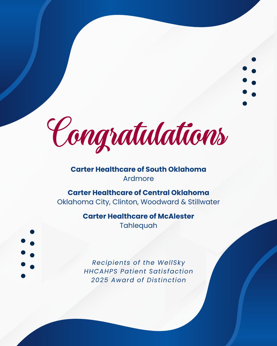 Carter Healthcare is proud to announce that several of our Oklahoma locations were recently awarded the <a href="/WellSkyHealth/">WellSky®</a> HHCAHPS Patient Satisfaction Award of Distinction for 2025! #homehealth #patientsatisfaction #weloveourpatients
