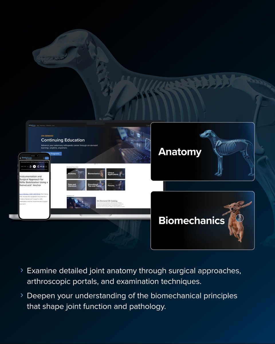 ArthrexVet's tweet photo. We're elevating veterinary orthopedic education with the launch of OrthoPedia Vet, a digital platform that provides veterinary professionals such as veterinarians, technicians, and residents with high-quality orthopedic education.

OrthoPedia Vet is a video-driven, evidence-based platform that offers a structured suite of in-depth resources. Leading specialists walk you through the intricate connections between musculoskeletal anatomy and biomechanics, highlighting how these factors influence clinical decision-making and surgical techniques.

Key Features of OrthoPedia Vet:

✔️ Live and on-demand continuing education

✔️ Expert-led content tailored to veterinary orthopedics

✔️ A comprehensive digital learning suite designed to help you stay up to date on the latest products and techniques

Explore OrthoPedia Vet: https://t.co/HlTRx7lBds