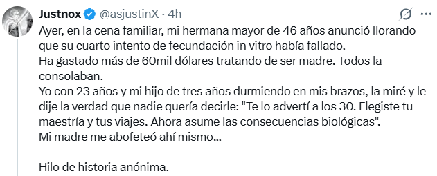 Cuando inventen historias para baitear, saquen bien las cuentas.
Si tiene 23 años y la hermana 46, se llevan 23 años. 
Cuando la hermana tenía 30, él/ella tenía 7 años. 
Dudo que a los 7 años le advirtiera nada sobre procreación.
Moraleja: no sean pelotudos cuando inventen.