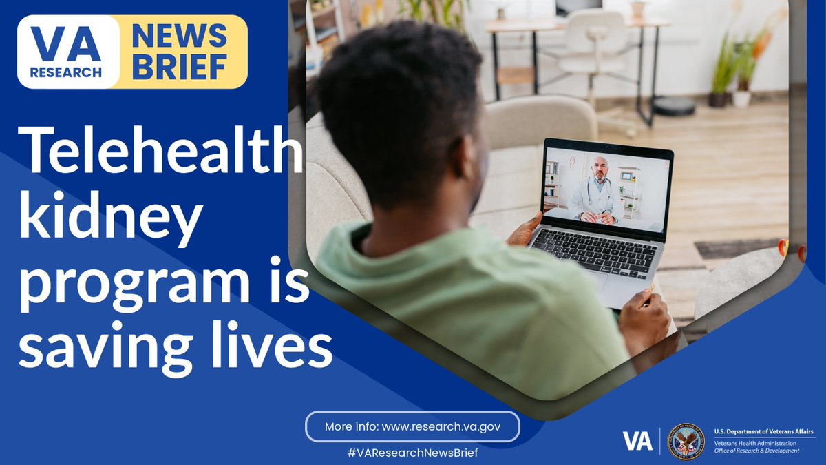 VAResearch's tweet photo. #VAResearchNewsBrief: Veterans whose kidney care was managed by a nephrologist via telemedicine had a 15% lower mortality rate than Veterans seen by a primary care provider alone. These findings demonstrate how specialty outpatient care can be successfully delivered to rural Veterans using telehealth. 
#VAResearch #RuralMedicine
https://t.co/xF3FI3EX3p