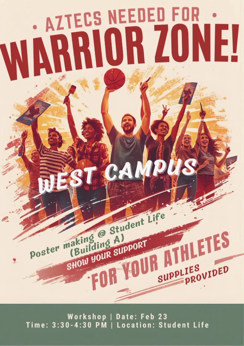 PimaAthletics's tweet photo. Head over to West Campus Student Life TODAY from 3:30-4:30pm for poster making in preparation for Wednesdayโs @PimaWBB @PimaMens_bball games.
Be part of one if not the very first PIMA STUDENTS SECTION.
#PimaBasketball #AztecTOUGH #WarriorZone https://t.co/CWvmLFj36D