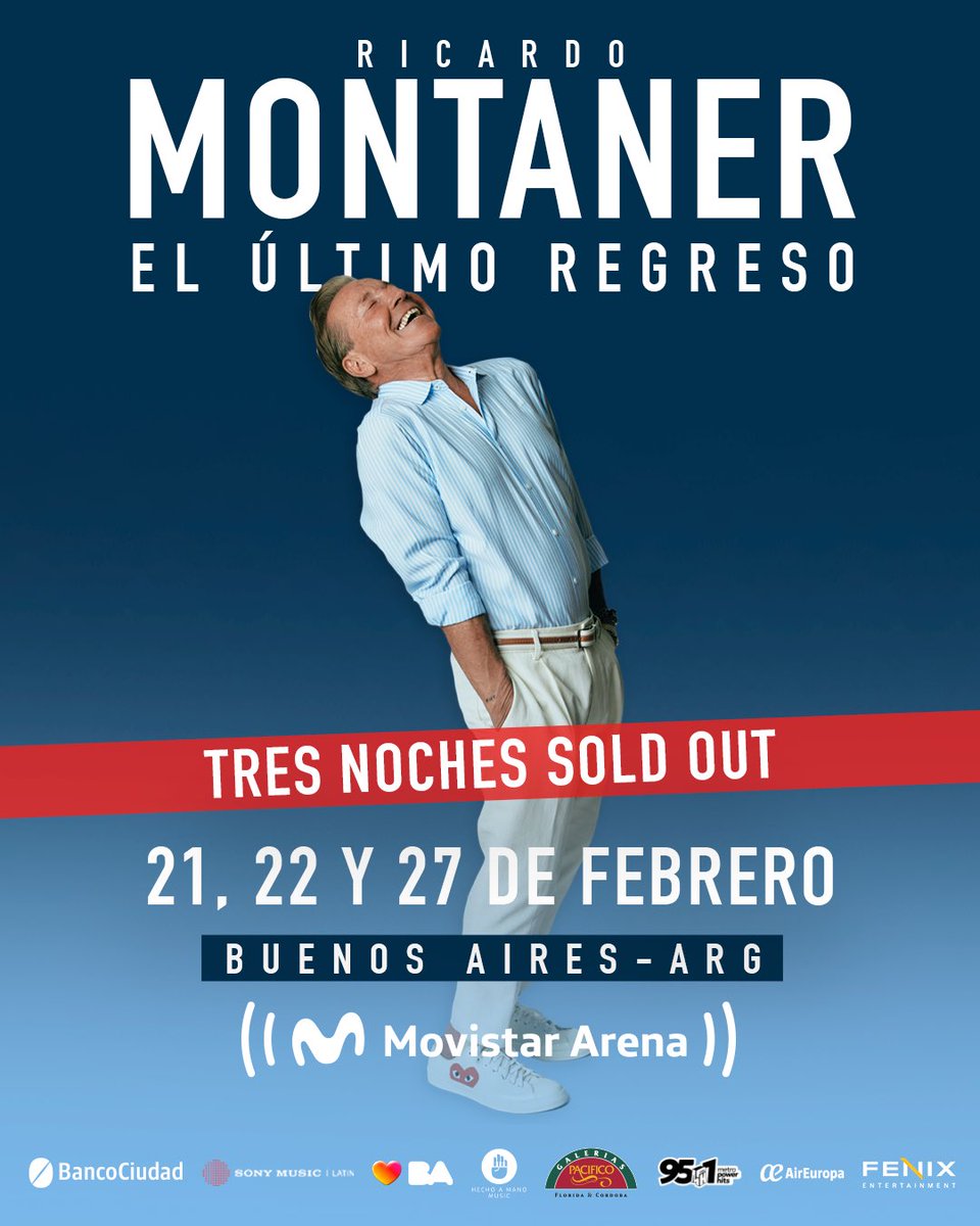 SOLD OUT ABSOLUTO 🚫🏟️

Se agotaron todos los tickets para el tercer y último show de Ricardo Montaner en Buenos Aires.

21/02 ✅ - 22/02 ✅ - 27/02 ✅

Gracias por acompañarnos en este regreso histórico.

¡Nos vemos el viernes en el Movistar Arena! 👋🇦🇷