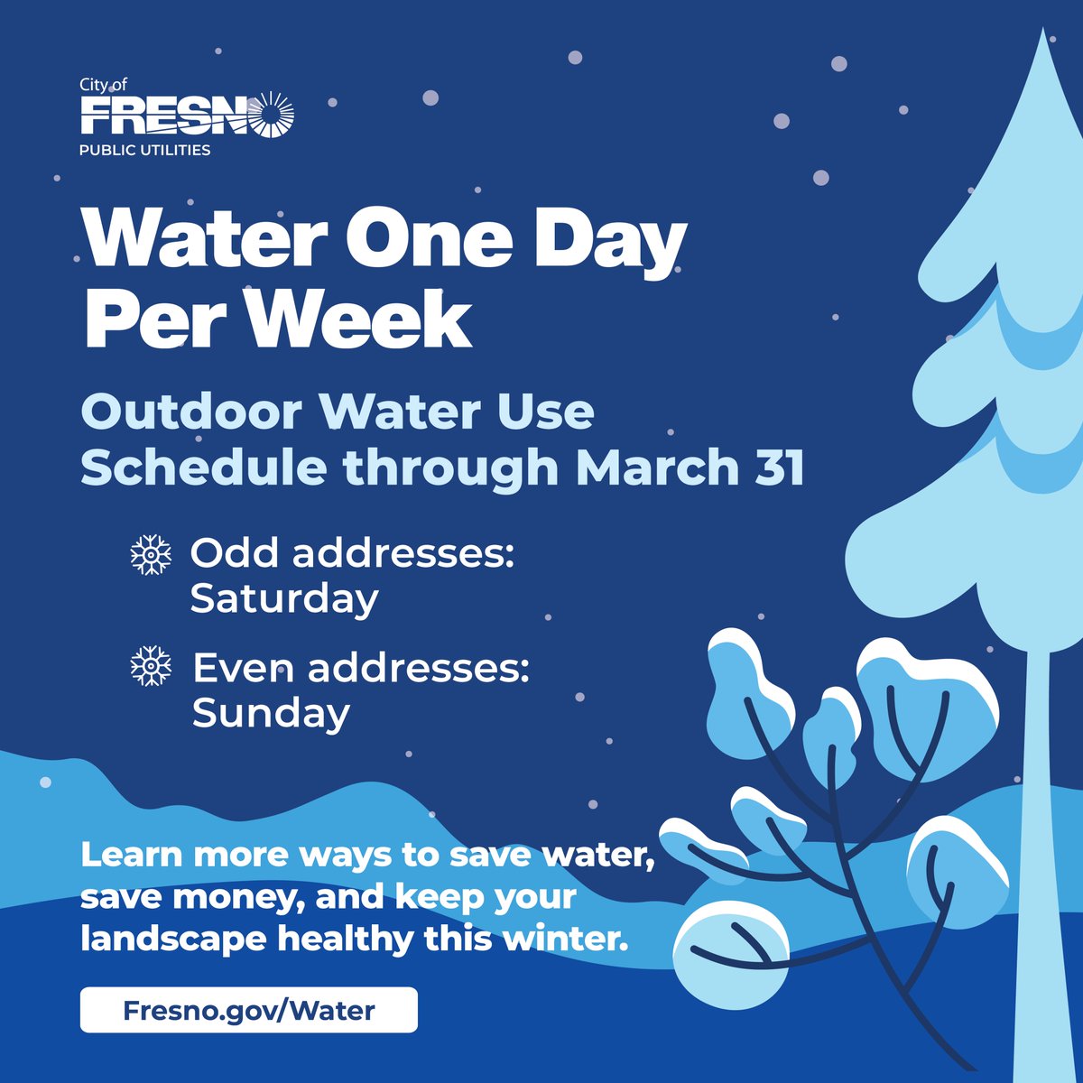 Cold days = less watering!
Fresno residents &amp; businesses can water 1 day/week through March 31:

➡️ Odd addresses: Sat
➡️ Even addresses: Sun
💧 Save water &amp; money this winter!

Get a FREE Smart Irrigation Controller (eligibility required): Fresno.gov/Water