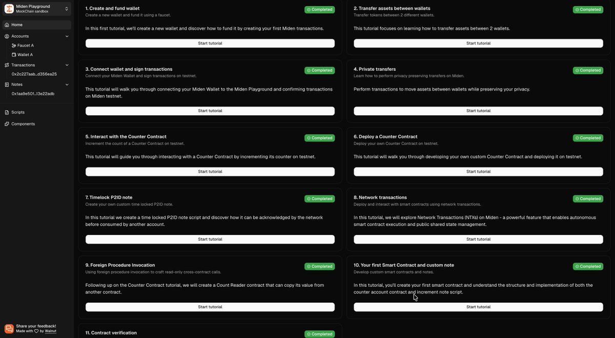End_imDimyati's tweet photo. tried stepping out of my comfort zone today and finished the @0xMiden Playground task. 
learned a lot about how Rust source code is transpiled to MASM and the importance of contract verification so it's transparent and can interact with other dApps. https://t.co/5xGA7fa475
