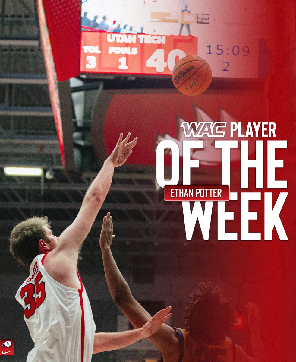 UtahTechMBB's tweet photo. Potter Tabbed WAC Player of the Week for the Fourth Time‼️

🔗 https://t.co/oCwTEdwPmn

#UtahTechBlazers 🦬 | #WACmbb https://t.co/oIvQZOSigj