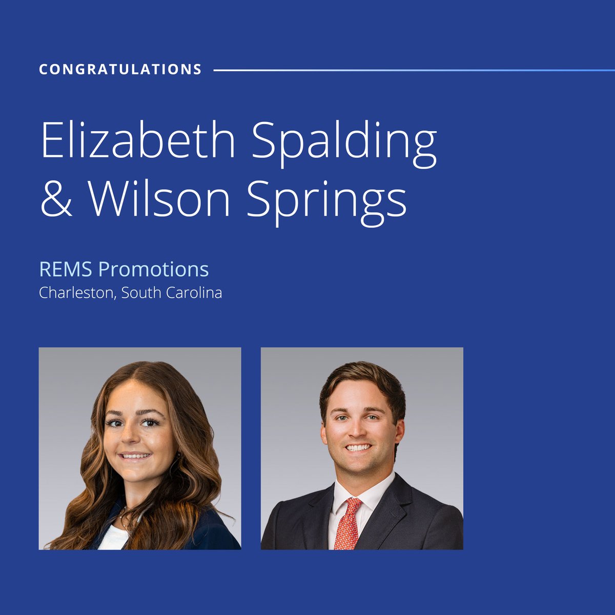 We are pleased to announce the promotions of Elizabeth Spalding and Wilson Springs with our Real Estate Management Services (REMS) team. Their commitment to client service make them valuable assets to our Charleston operations. 

Read more: hubs.ly/Q044fKmm0