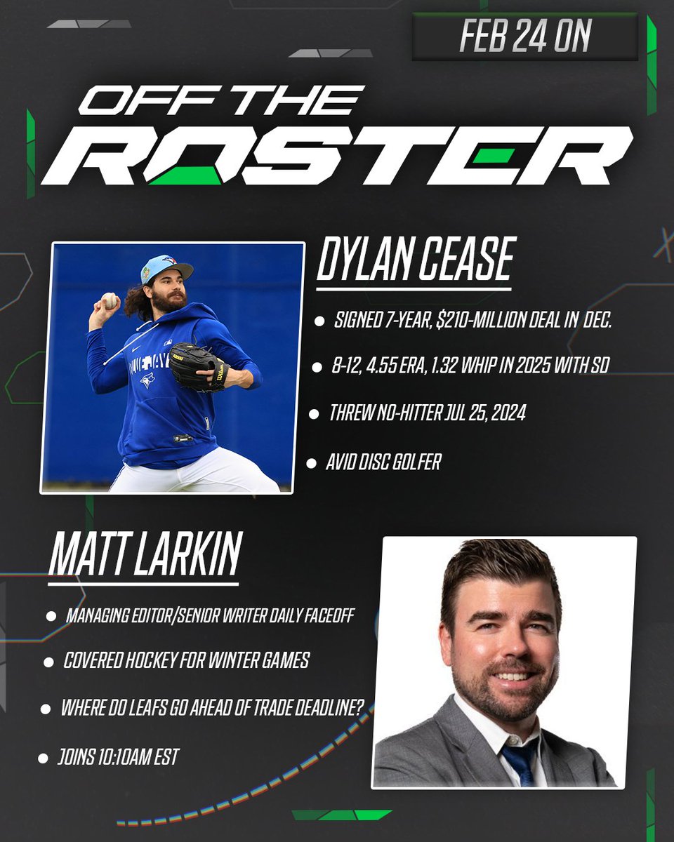 Join us this morning on Off The Roster
- Exclusive with Blue Jays pitcher Dylan Cease
- <a href="/MLarkinHockey/">Matt Larkin</a>  of <a href="/DailyFaceoff/">Daily Faceoff</a> chats Leafs and all things hockey

Live 10am EST on X, IG and YouTube