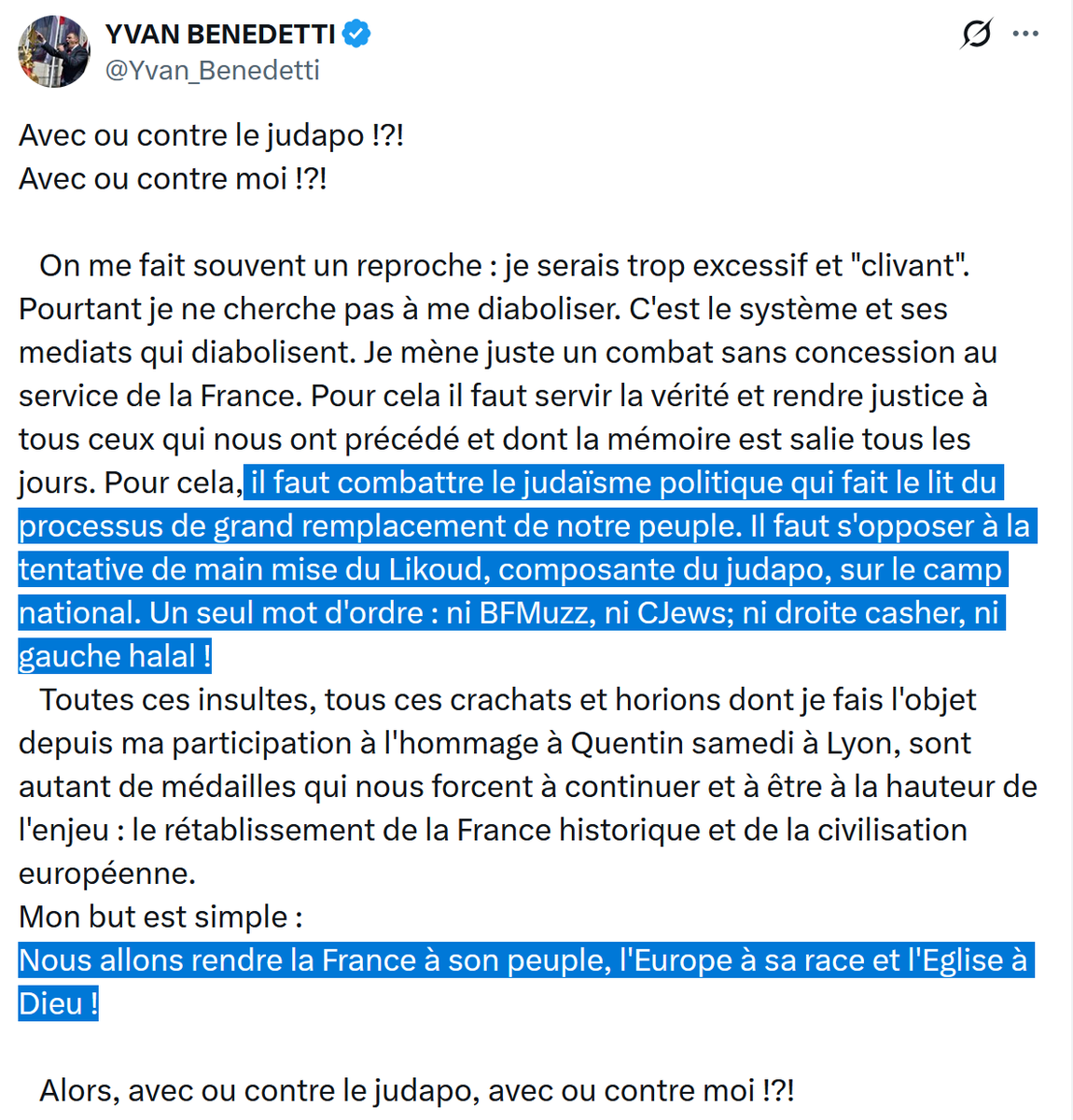 ContreAttaque_'s tweet photo. Yvan Benedetti, figure du pétainisme français, multi-condamné, "guidait" le cortège lyonnais du 21 février, en tête de manifestation, juste derrière la banderole "pour Quentin".

Vous savez, cette procession que France Info, BFM, Cnews et TF1 ont adoré. https://t.co/b8sUnMgImm