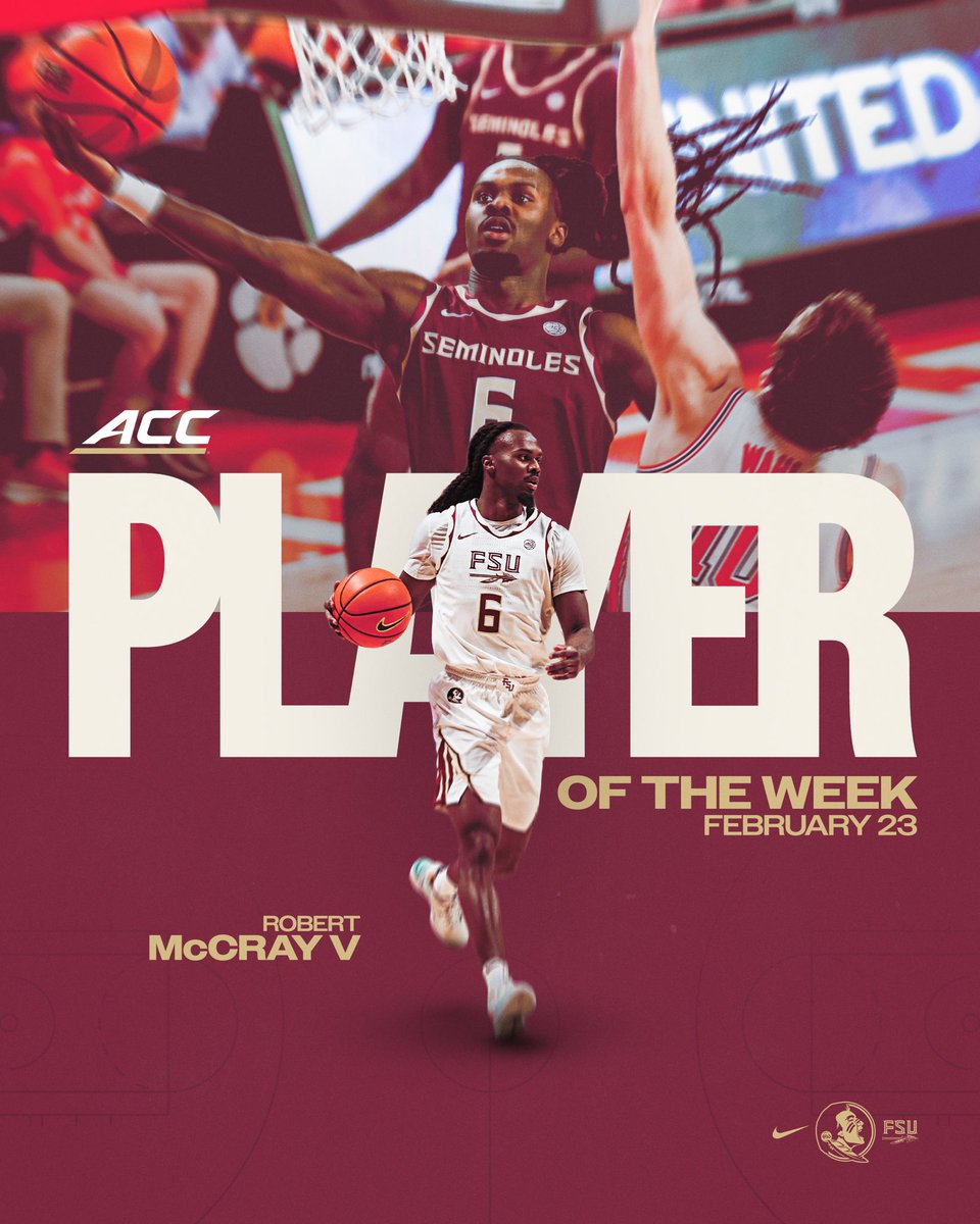 FSUHoops's tweet image. Congratulations to the ACC Player of the Week - Florida State’s Robert McCray V.🍢

#Connected
