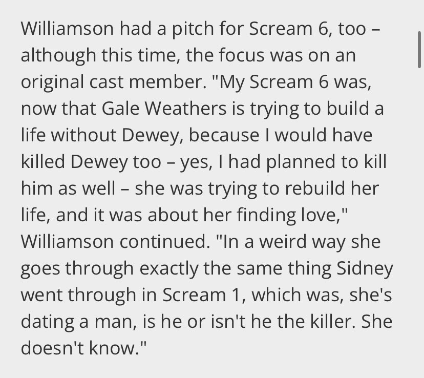Scream 7 supporters: Scream 5 and VI don’t feel like real Scream movies because of the way they sidelined Sidney and killed Dewey

Kevin Williamson: i was gonna change the whole series into it being about Jill trying not to get caught, and kill Dewey with Sidney being sidelined