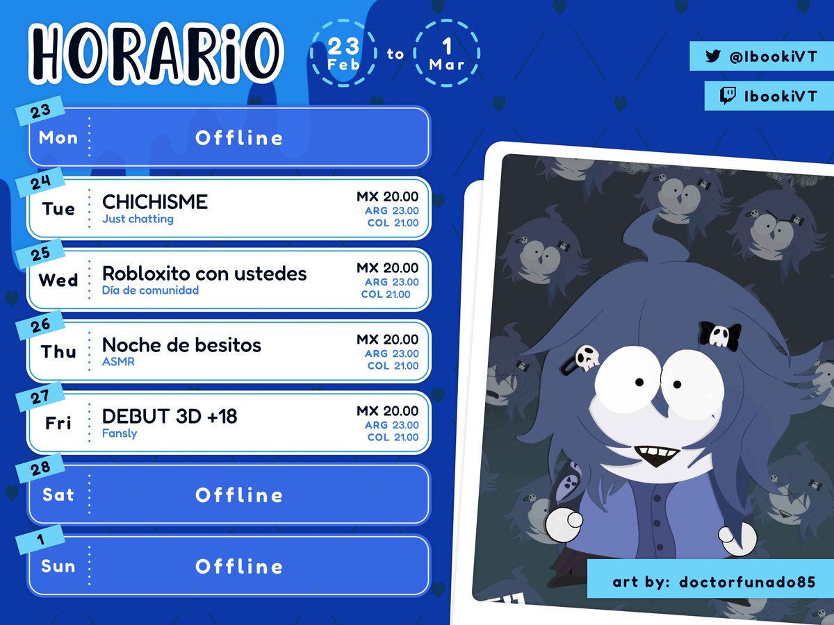 ♡.・`°★・°💙HORARIO DE LA SEMANA💙°・★°´・.♡

Ultima semanita del mes ~ (☆▽☆)
Tenemos muchos pendientes y estaré de un lado al otro, no me sueltes 💙

Agradezco mucho tu LIKE ♡ y RT ↻!
#Vtuber | #VtuberES | #ASMR