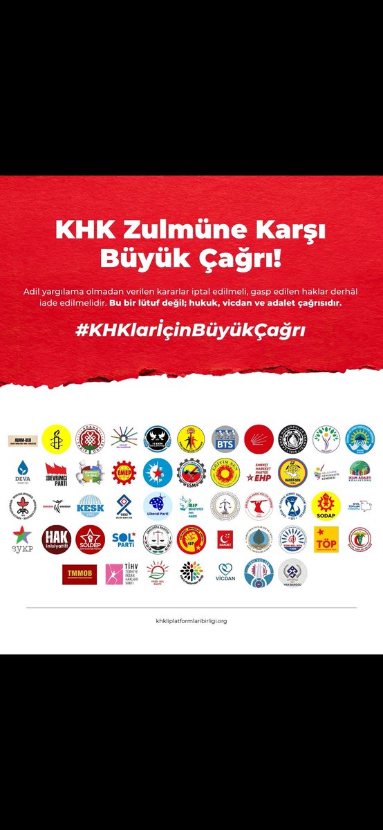 PaltaIlyas's tweet photo. 12 sendika, 
17 parti, 
22 insan hakları ve hukuk örgütü ile sivil toplum kuruluşunun 67 Genel Başkan ve sözcülerinden #KHKlarİçinBüyükÇağrı 
Adalet lütuf değildir, her insanın hakkıdır... https://t.co/2j53DIdG3B