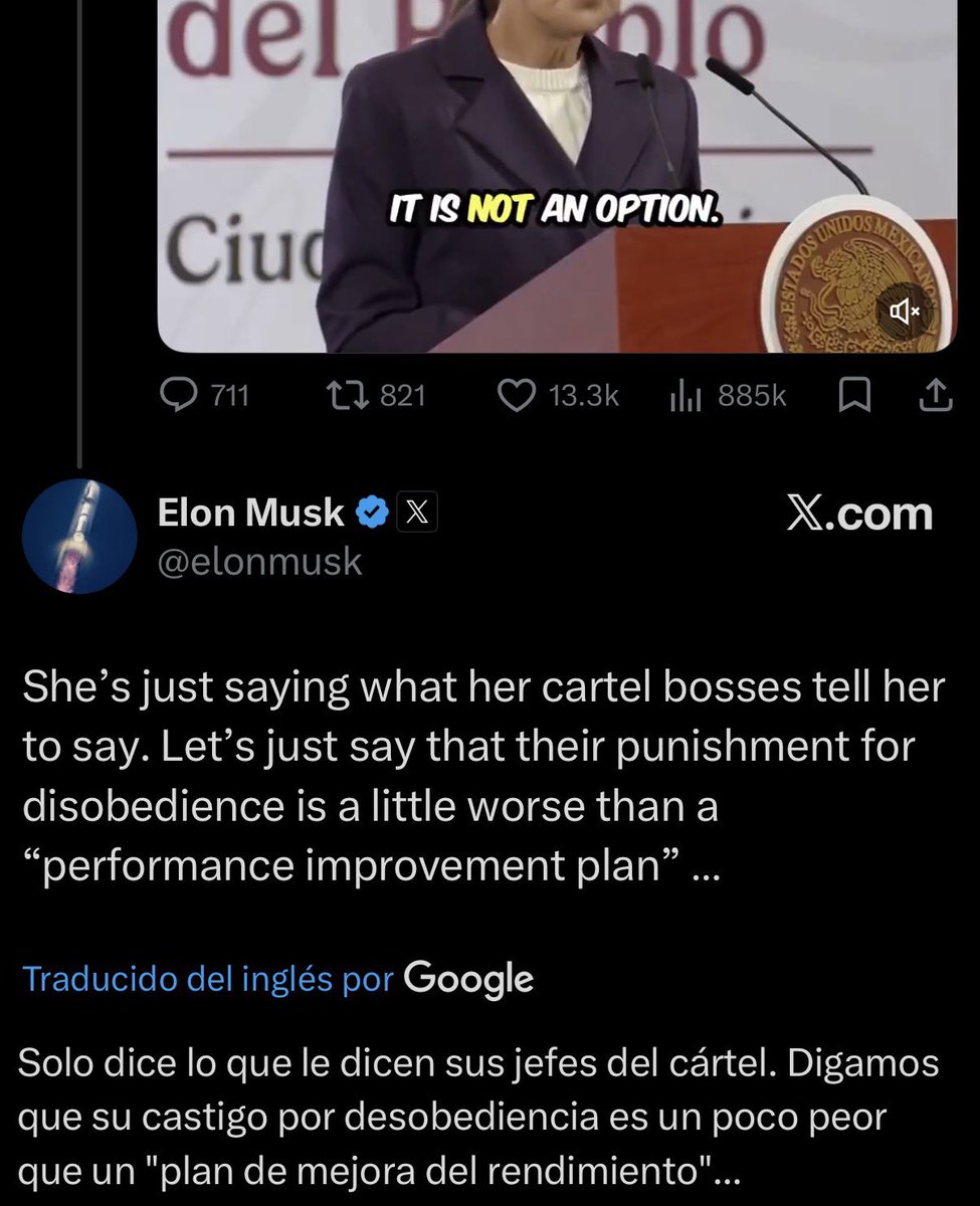 Celebro que Elon Musk, el hombre más rico del mundo y empresario más influyente del orbe, tenga a Claudia Sheinbaum en concepto de Narco-Presidenta.

Si le va mal a Claudia le va mal a AMLO; y si le va mal a AMLO le va mal a MORENA; y si le va mal a MORENA le va bien a México.