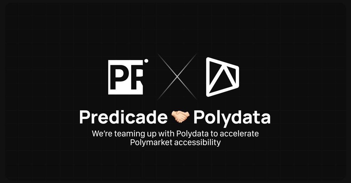 Predicadecom's tweet photo. Predicade 🤝 Polydata

We're teaming up with @polydataHQ to accelerate Polymarket accessibility.

Any trader profile from Predicade can now be watched through Polydata where you get full wallet-level analytics: Best & Worst Trades, Trade Timing, Most Traded Categories, Win Rate by Category, and Profitable vs Losing Markets.

Polydata users can also jump straight into Predicade to trade based on per-wallet insights they're already looking at.

The only way for growth is to cooperate.