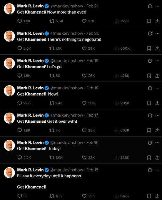 ferozwala's tweet photo. 🚨American conservative radio host #Mark_Levin, who has close ties to #Trump, posted variations of “Get Khamenei!” at least 16 times on @X between Feb. 11 & Feb. 23, 2026.
https://t.co/HN9aeZROfD
He began the slogan-style posts on Feb. 11 (“Get Khamenei! Today!”) & has repeated them almost daily since. On Feb. 15, he wrote:
“I’ll say it every day until it happens. Get Khamenei!”
