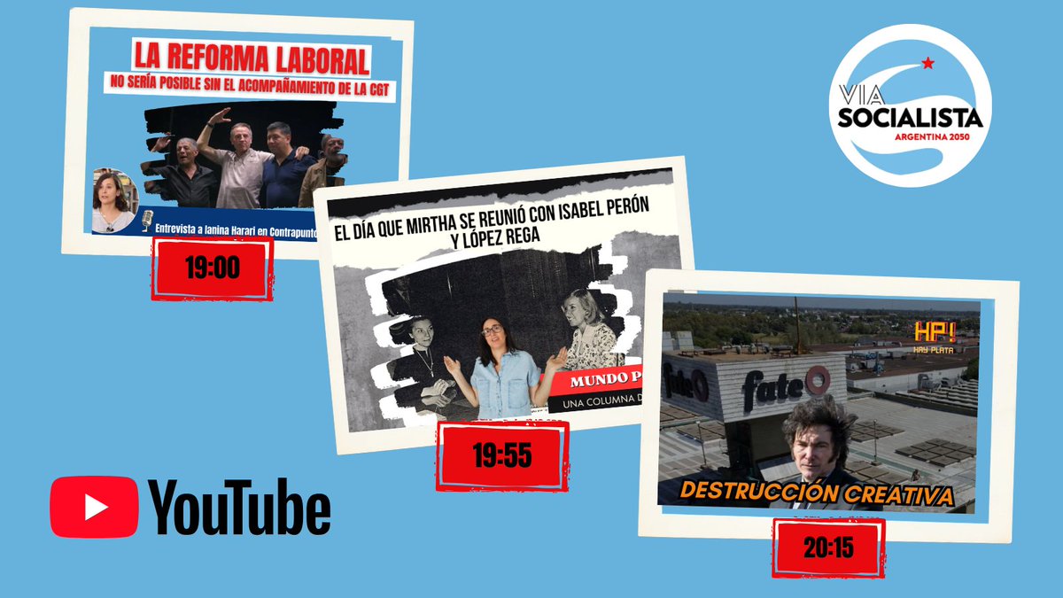 Esta noche en nuestro canal de <a href="/YouTube/">YouTube</a> 
A las 19 horas entrevista a Ianina Harari sobre Reforma Laboral
A las 19:55 un video especial de Mundo populista en el día del cumpleaños de Mirtha Legrand
Y el cierre con una nueva edición de <a href="/HayPlataHP/">Hay Plata</a> a partir de las 20:15