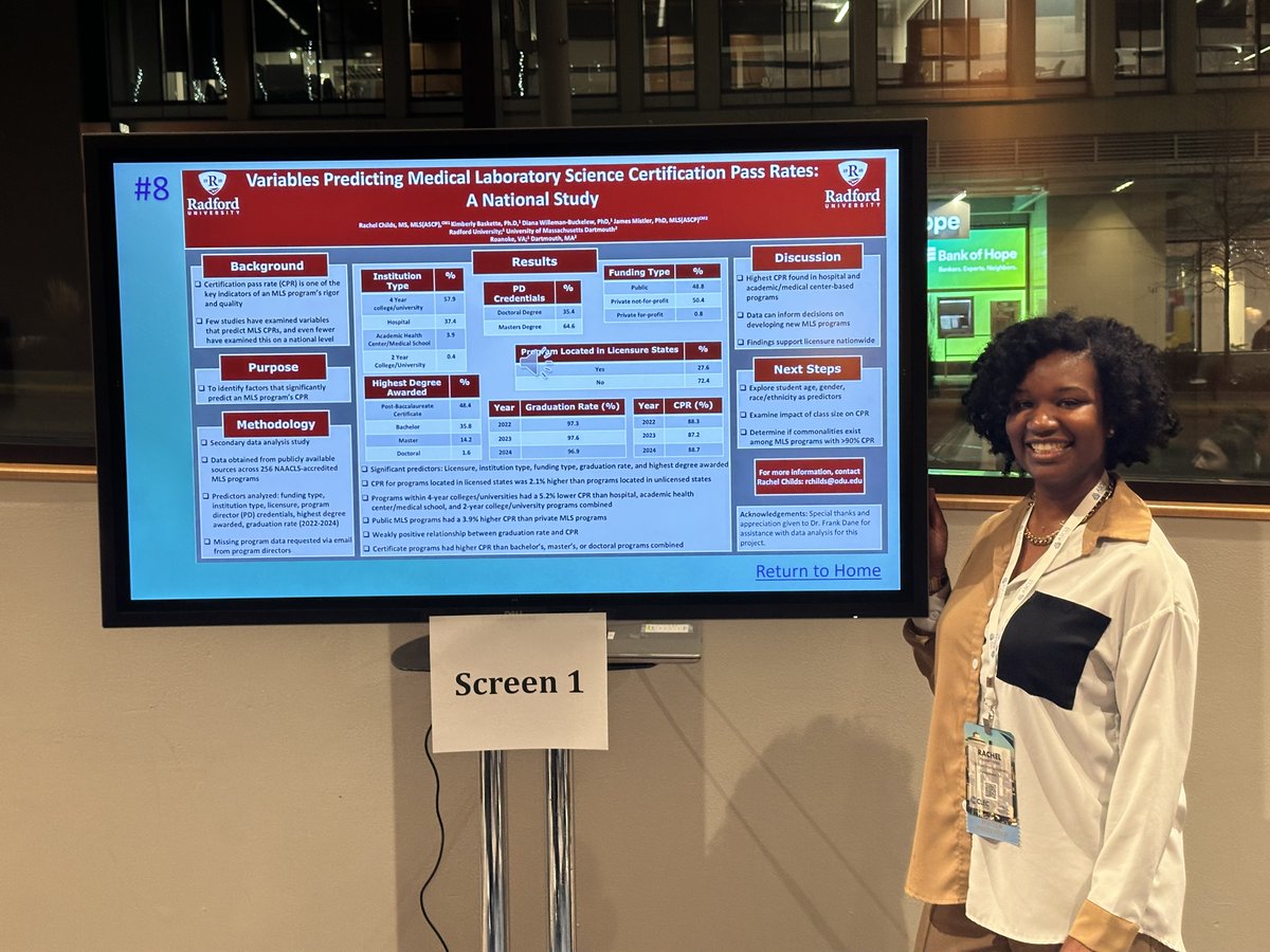 RUCPHHL's tweet photo. We’re excited to celebrate Rachel Childs, DHSc Graduate (Fall 2026), who recently presented her capstone project, “Predictor Variables of Medical Laboratory Science Program Certification Pass Rates”, at the ASCLS Clinical Laboratory Educators Conference in Seattle on Feb. 5th. https://t.co/qplcaXrDS9