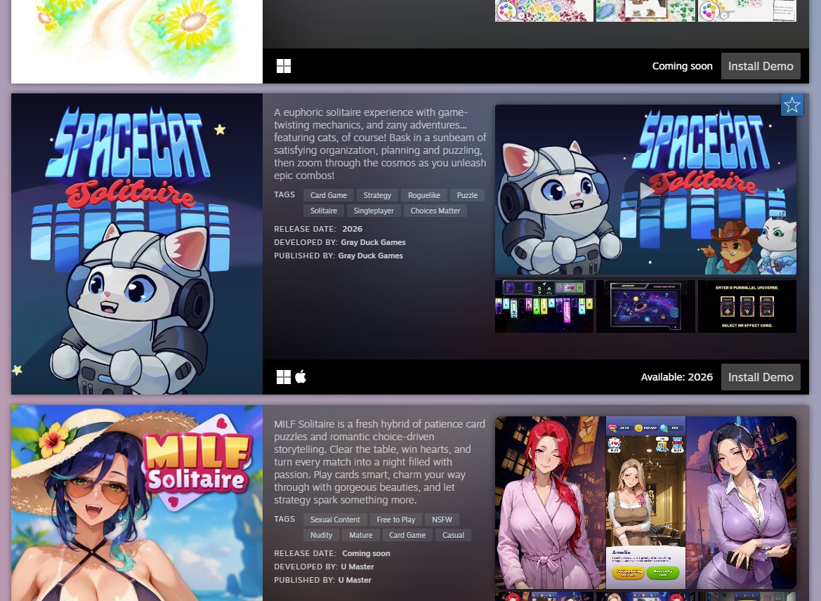 cliveatfive's tweet photo. Hey everyone, if you're having trouble finding my game during #NextFest, I'm located right next to Milf Solitaire. Thanks and happy gaming. #IndieGame #GameDev #SpaceCatSolitaire https://t.co/HE3yKrKDiJ