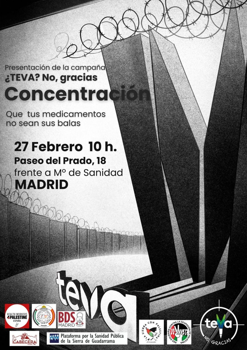BDSMadrid's tweet photo. ⛔️¿TEVA? NO, GRACIAS❗️
El 26 y 27 de febrero en Estado, se presentará la campaña de boicot a la farmacéutica israelí Teva @TevaFarmacia
Campaña liderada por grupos de sanitarias y organizaciones solidarias con Palestina. 
❌QUE TUS MEDICAMENTOS NO SEAN SUS BALAS
#BoicotIsrael https://t.co/TuenF8Fdc0