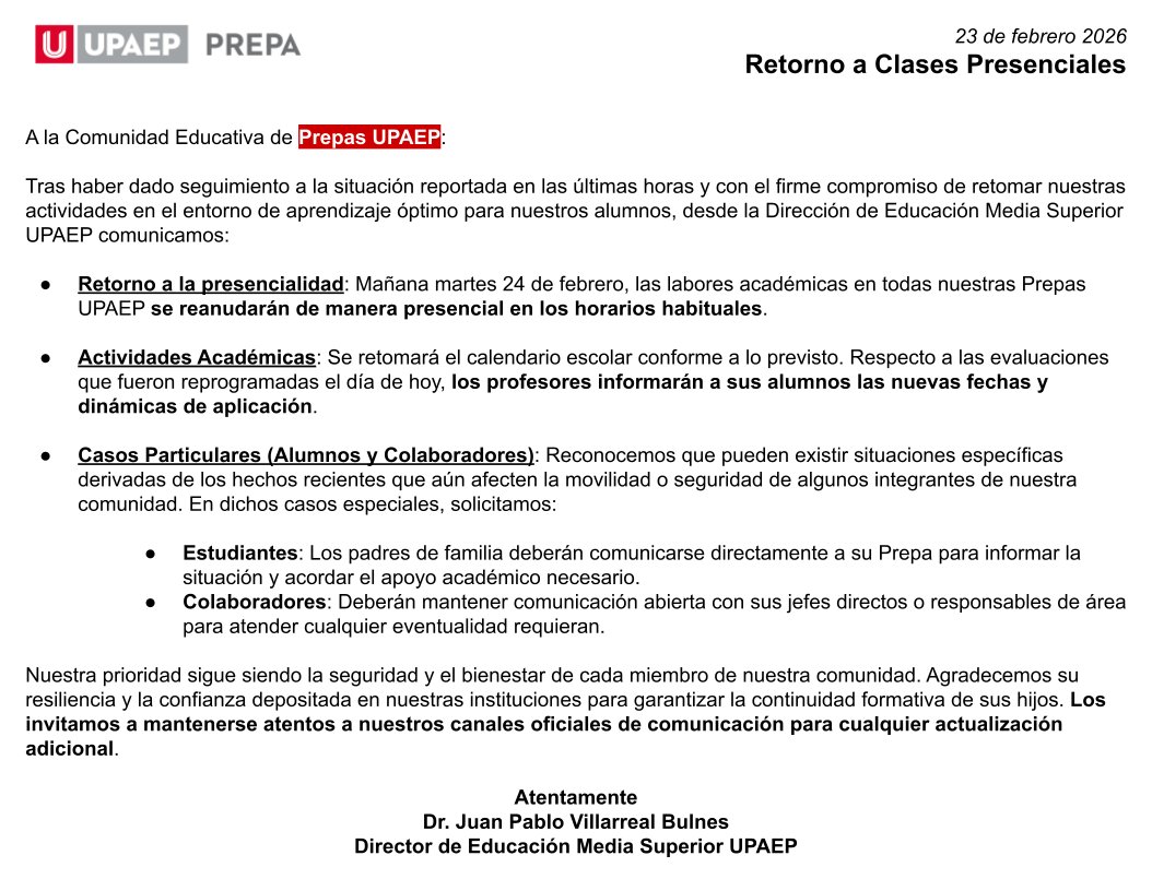 Comunicado oficial | Actualización 📷
En seguimiento a la información compartida previamente, informamos a nuestra comunidad escolar lo siguiente: