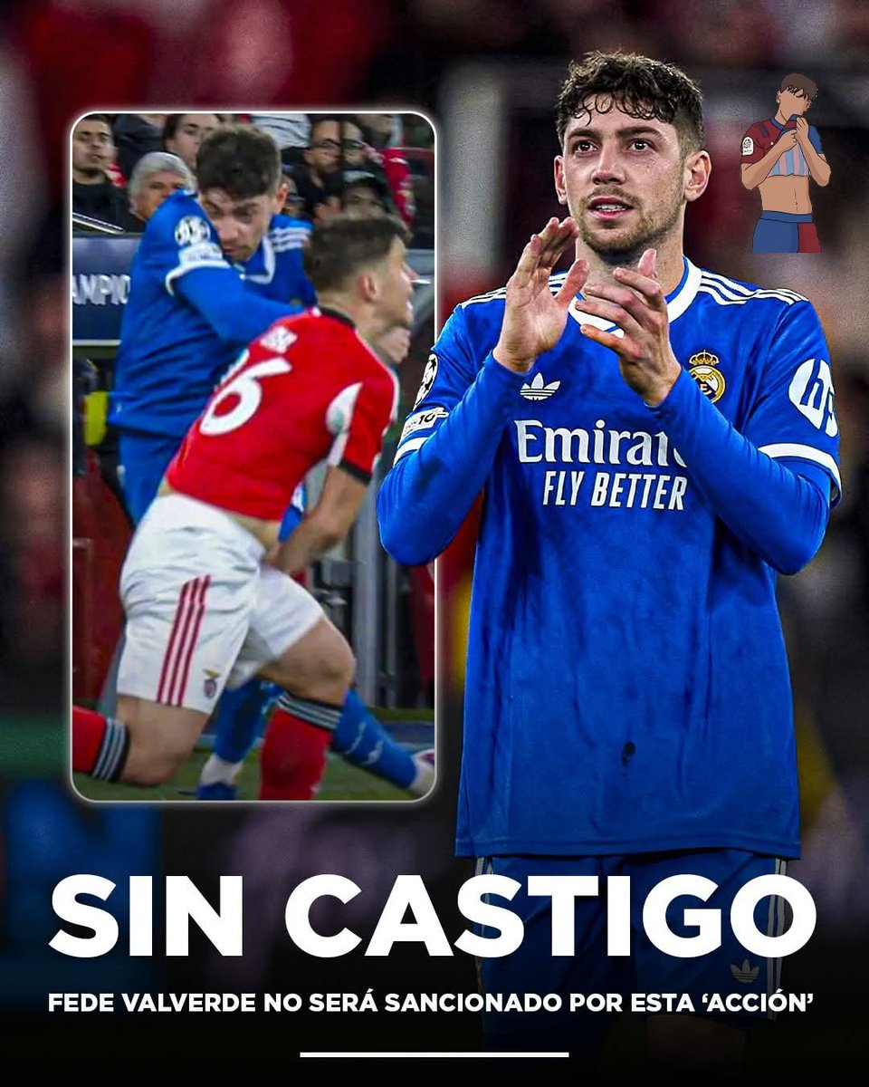 🚨 ÚLTIMA HORA 🚨

Según 'A Bola', la UEFA desestima la denuncia del Benfica contra Valverde por "conducta violenta".

¡NO HABRÁ SANCIÓN! 👨‍⚖️
