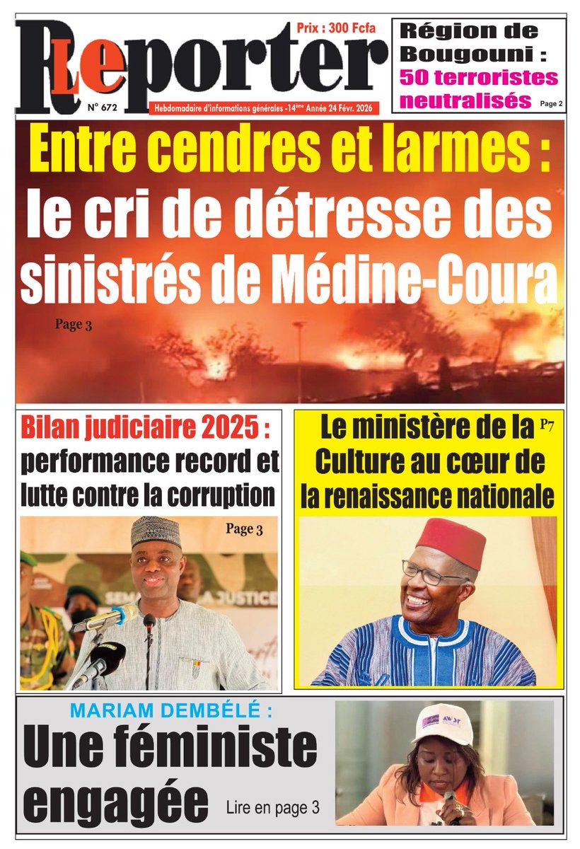 #DIANY #COM: A la UNE du Le Reporter N°6723 dans les kiosques à journaux ce Mardi 24 Février  2026.